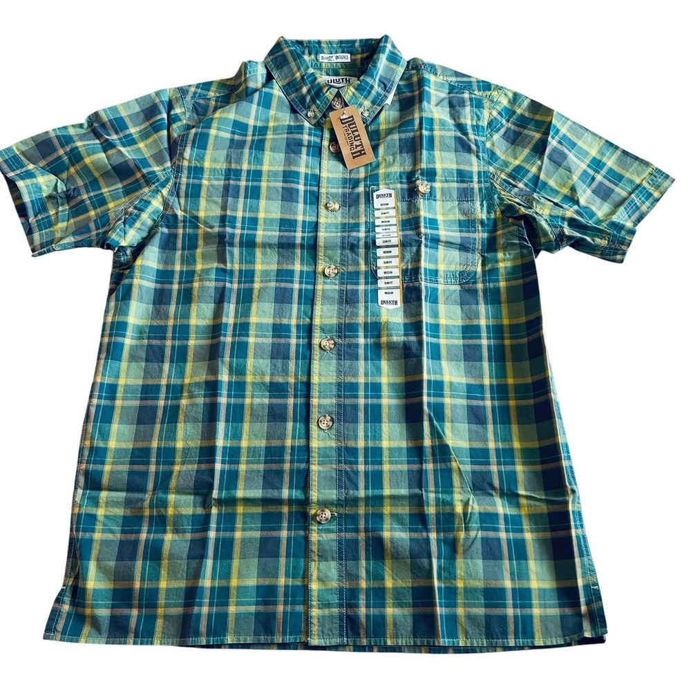 Duluth Trading Mens Short Sleeve Plaid Button Up Slim Fit Untucked BBQ Shirt M